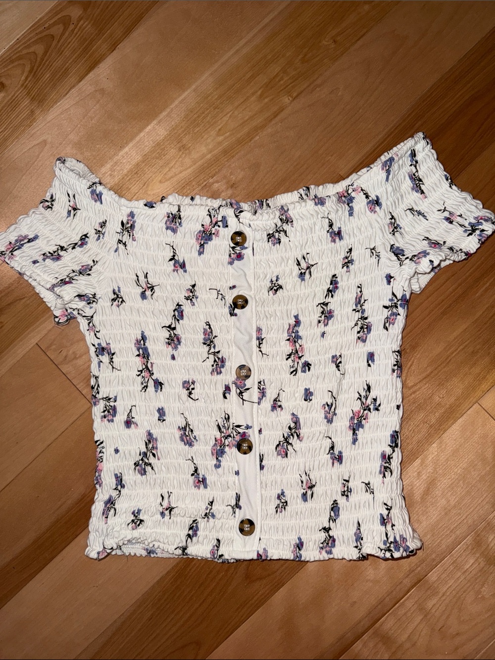 Smocked Off-Shoulder White Floral Button-Front Top S NWOT